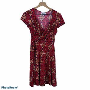 Anthropologie Leota Red Faux Wrap Jersey Dress Size Small  V-Neck Short Sleeve